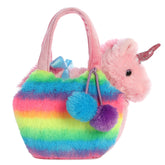 Rainbow Unicorn plush from Fancy Pals by Aurora, featuring a pink unicorn with a silver horn in a colorful carrier